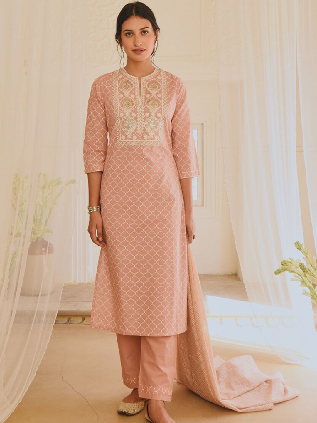 KARAJ JAIPUR Women Pink Ethnic Motifs Printed Kurta with Trouser & With Dupatta Price in India