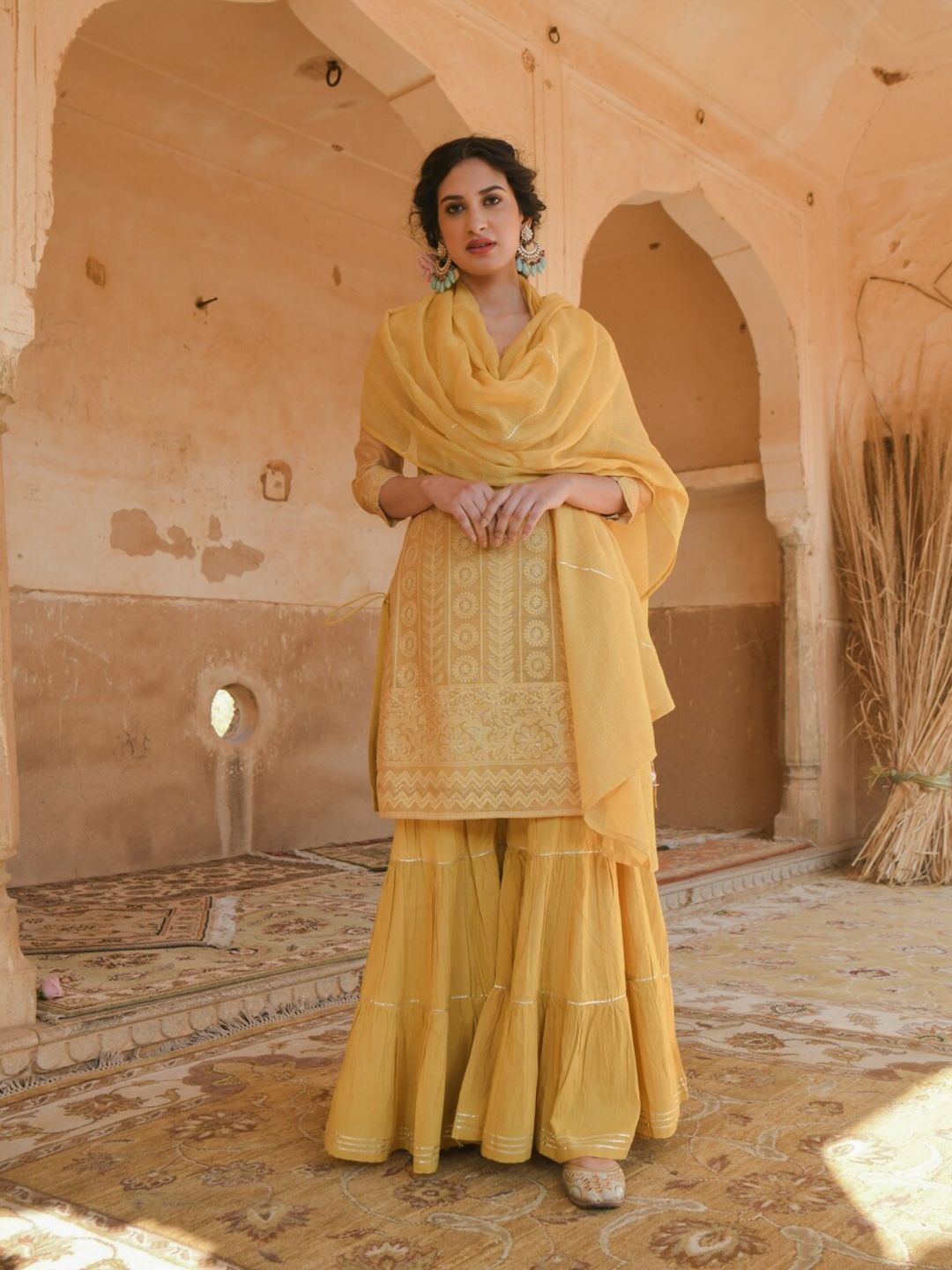 KARAJ JAIPUR Women Mustard Yellow Kurta with Sharara & With Dupatta Price in India