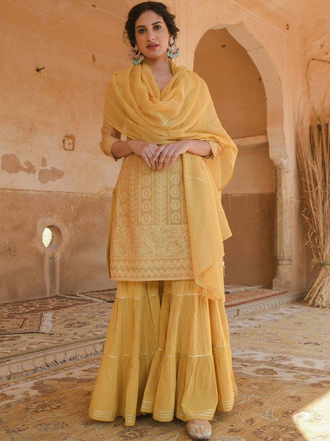 KARAJ JAIPUR Women Mustard Yellow Layered Kurta with Sharara & Dupatta Price in India