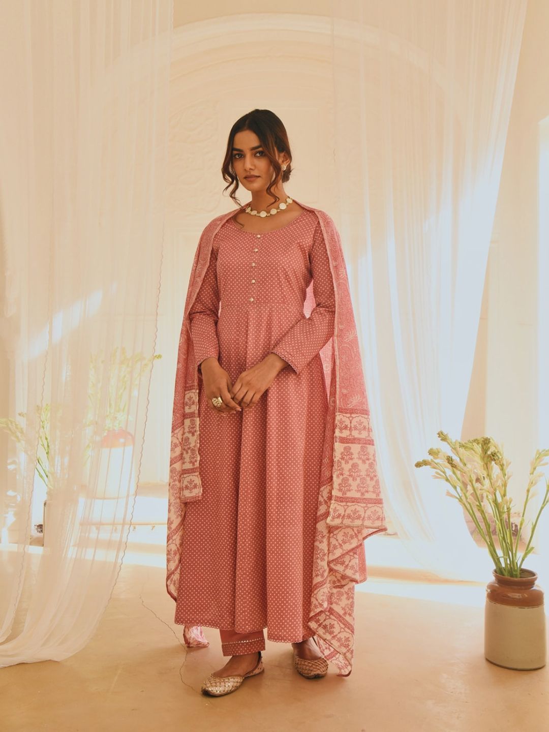 KARAJ JAIPUR Women Pink Empire Pure Cotton Kurta with Pyjamas & With Dupatta Price in India