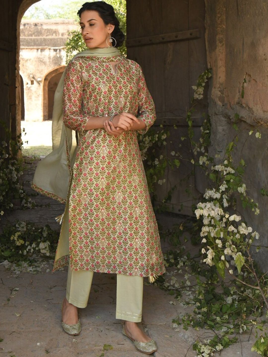 KARAJ JAIPUR Women Green Printed Kurta with Churidar & With Dupatta Price in India