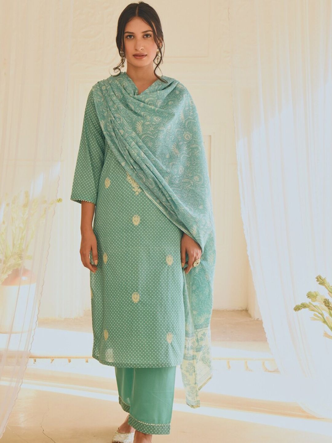 KARAJ JAIPUR Women Turquoise Blue Ethnic Motifs Printed Pure Cotton Kurta with Palazzos & With Dupatta Price in India