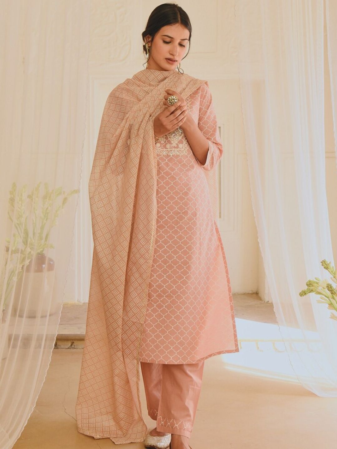 KARAJ JAIPUR Women Pink Ethnic Motifs Printed Pure Cotton Kurta with Trousers & With Dupatta Price in India