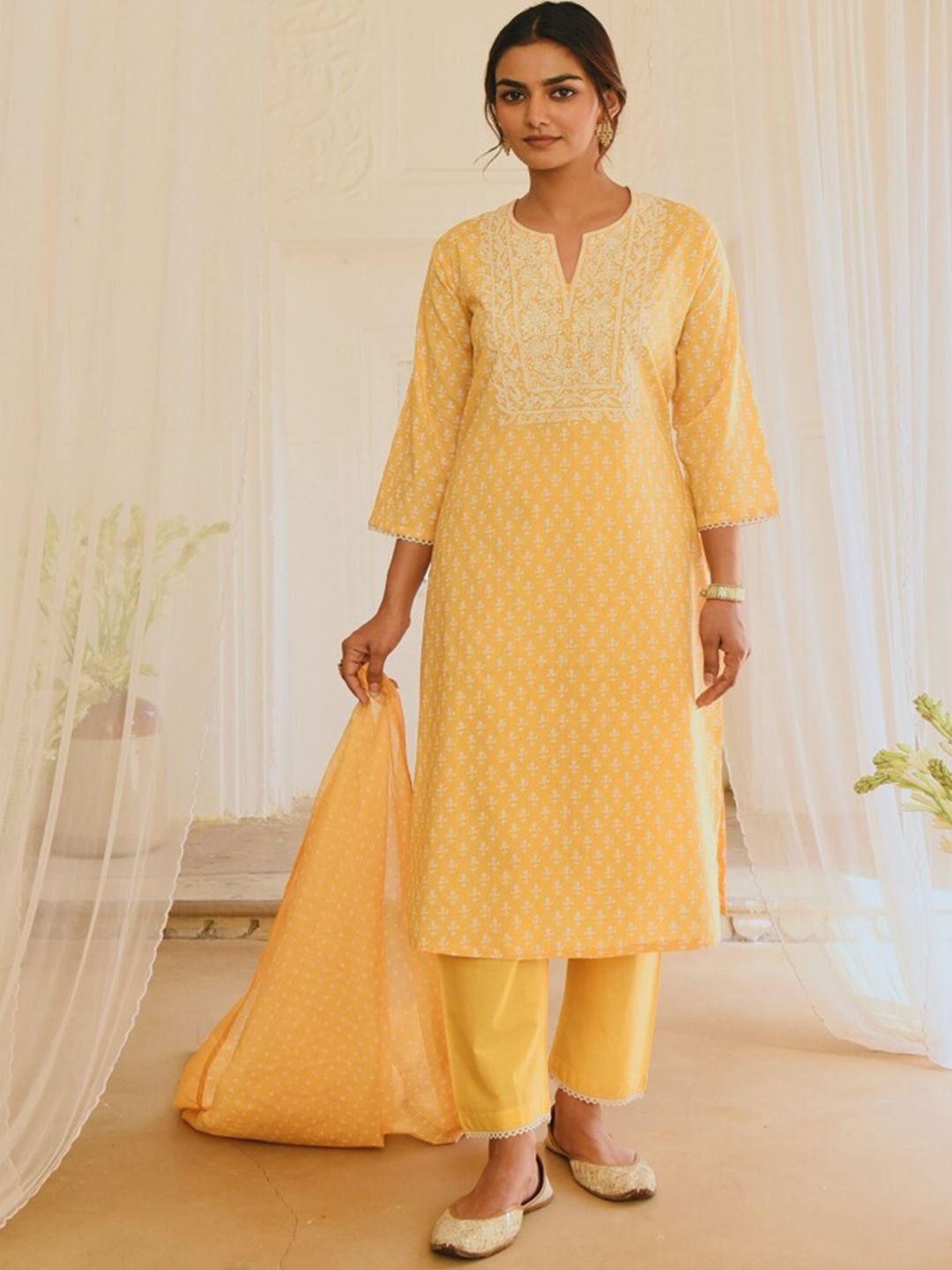 KARAJ JAIPUR Women Yellow Printed Embroidered Pure Cotton Kurta with Trousers &  Dupatta Price in India