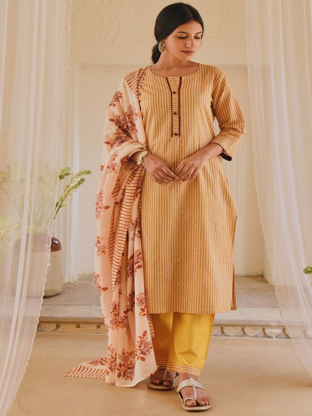 KARAJ JAIPUR Women Mustard Yellow Yoke Design Pure Cotton Kurta with Palazzos & Dupatta Price in India