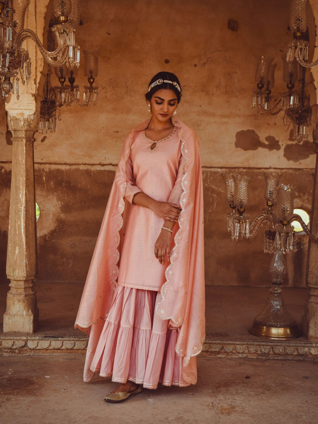 KARAJ JAIPUR Women Peach-Coloured Top with Sharara & With Dupatta
