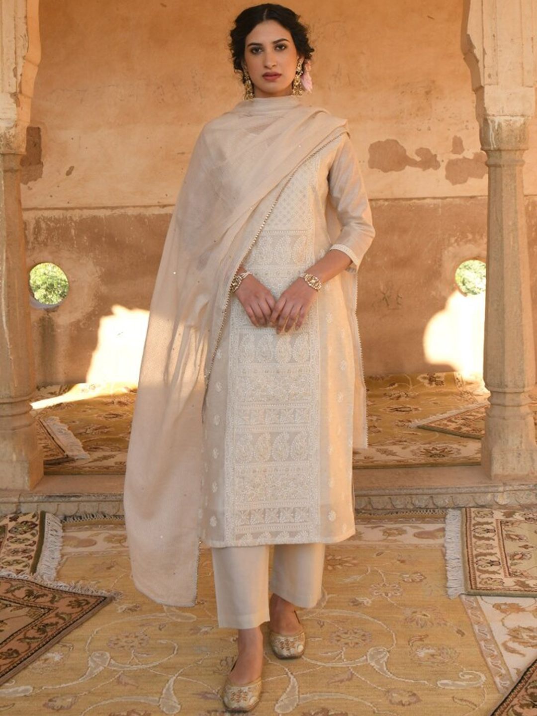 KARAJ JAIPUR Women Cream-Coloured Embroidered Angrakha Kurta with Salwar & With Dupatta Price in India