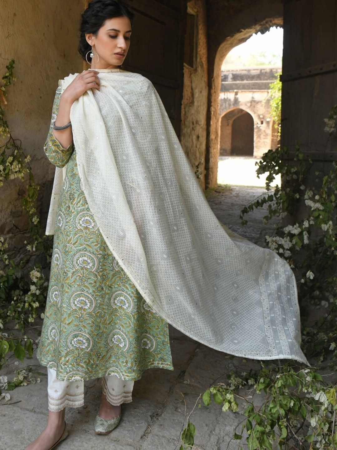 KARAJ JAIPUR Women Green Printed Pure Cotton Kurta with Churidar & With Dupatta Price in India