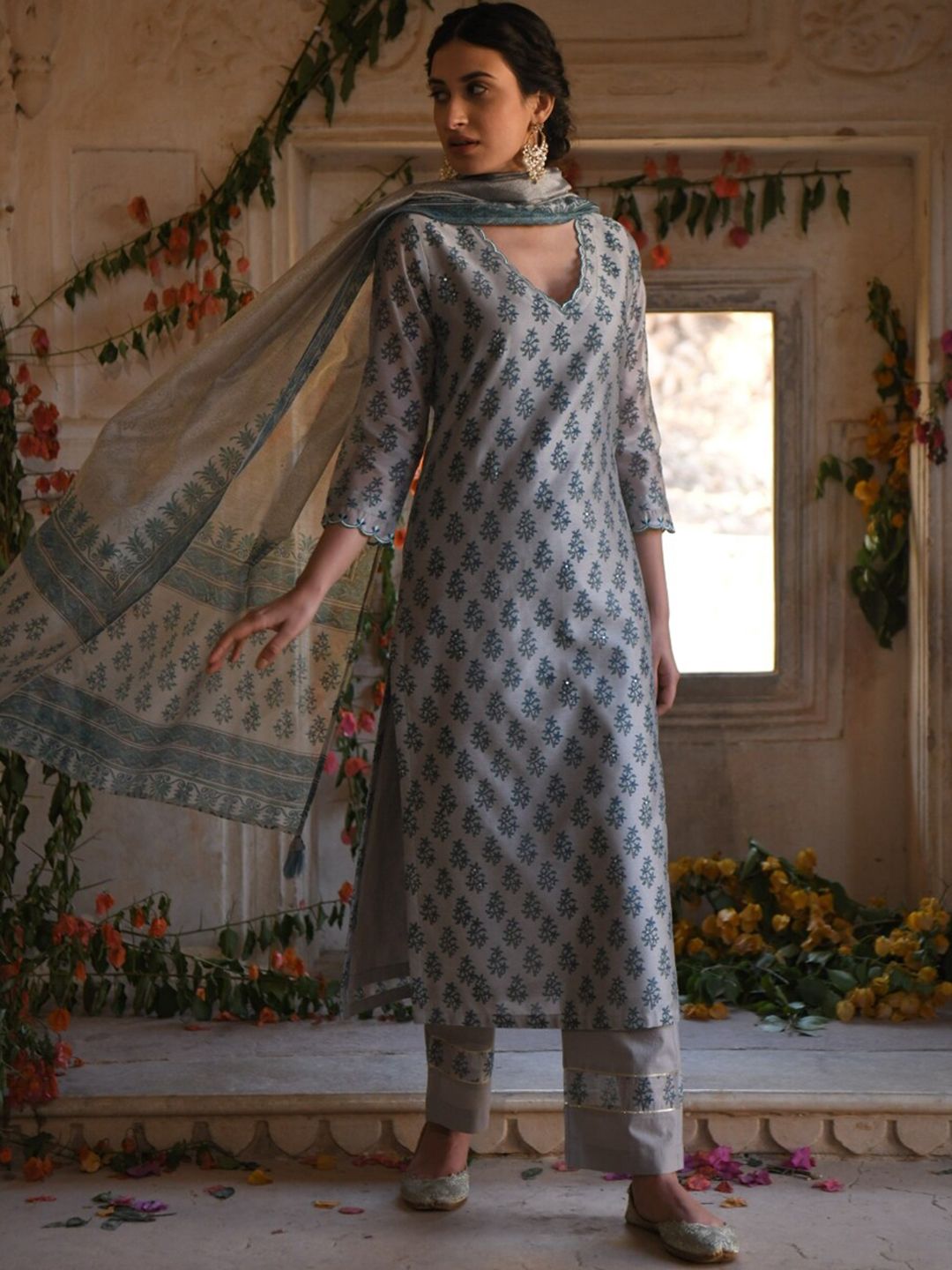 KARAJ JAIPUR Women Blue Ethnic Motifs Printed Kurta with Trouser & Dupatta Price in India