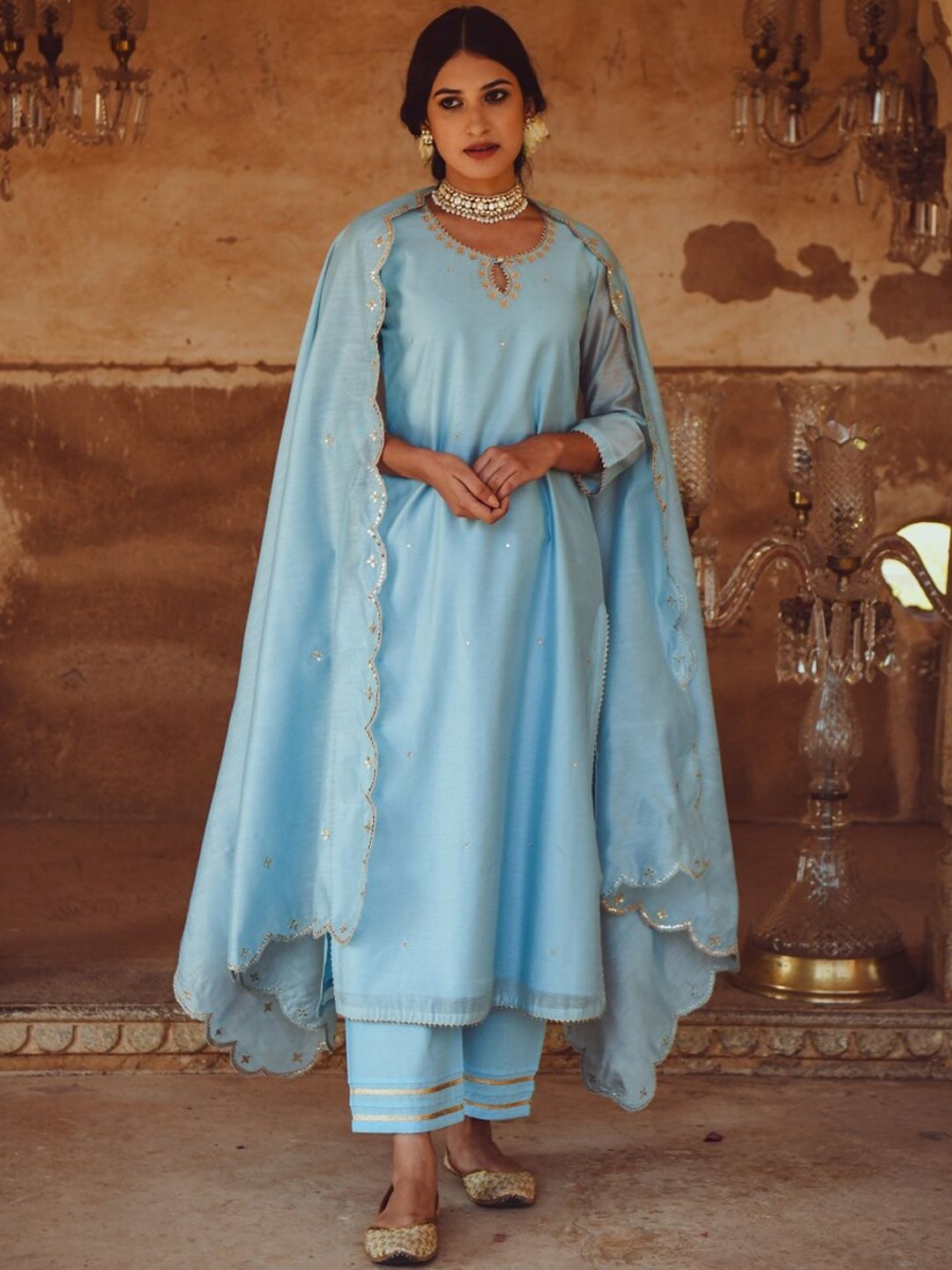 KARAJ JAIPUR Women Blue Kurta with Palazzos & Dupatta Price in India