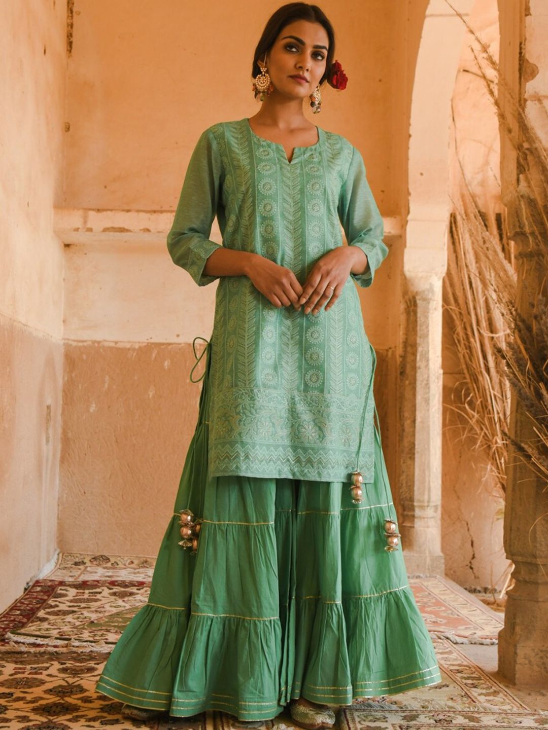 KARAJ JAIPUR Women Green Embroidered Chanderi Kurta with Sharara & With Dupatta Price in India