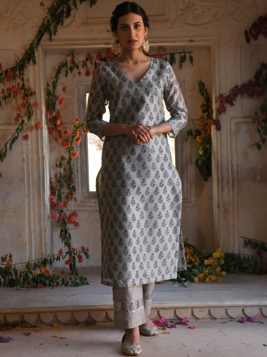 KARAJ JAIPUR Women Blue Ethnic Motifs Printed Kurta with Trousers & With Dupatta Price in India