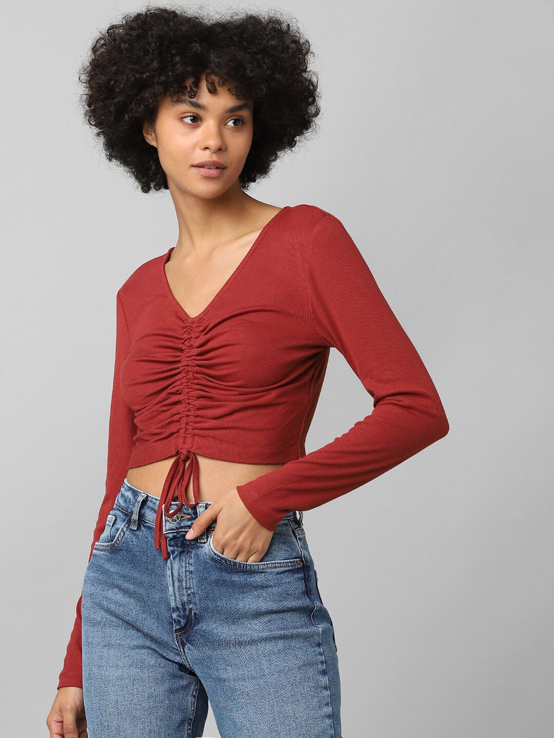 ONLY Maroon Ruched Crop Top Price in India