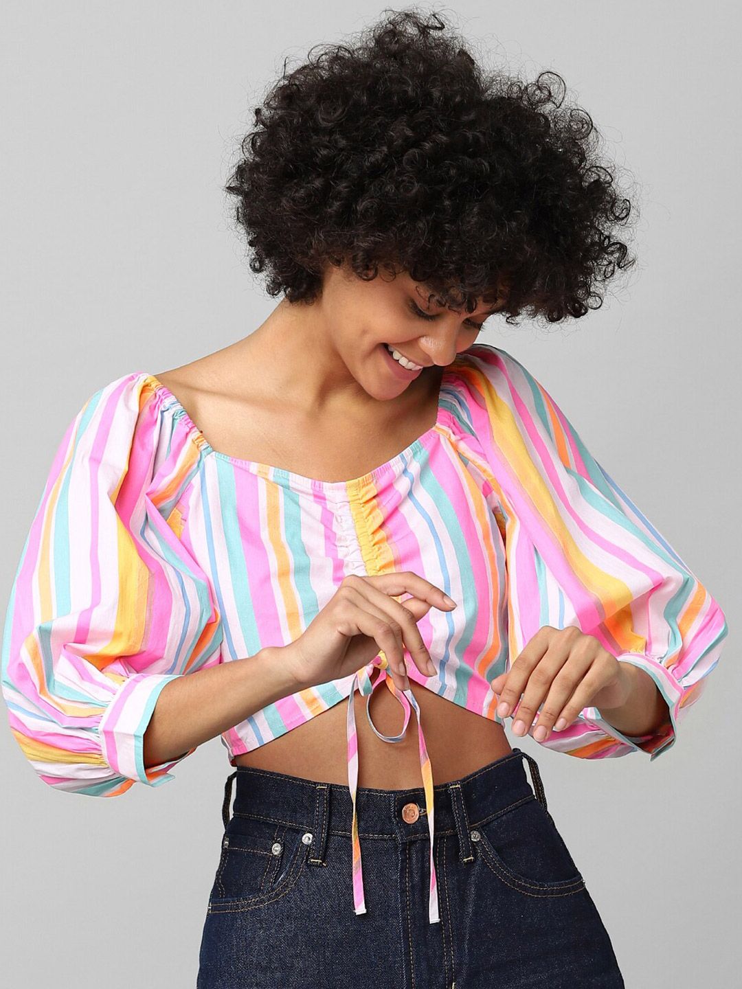 ONLY Multicoloured & magnolia Striped Blouson Crop Top Price in India