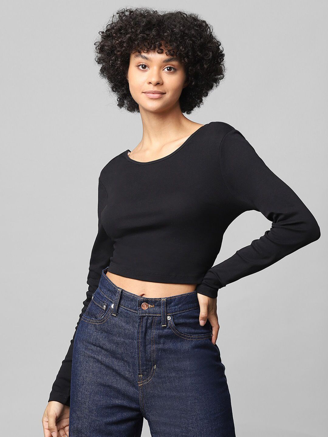ONLY Women Black Solid Full Sleeve Crop Top Price in India