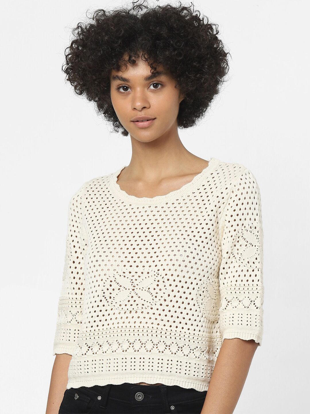 ONLY Off White Lace Schiffli Knitted Top Price in India