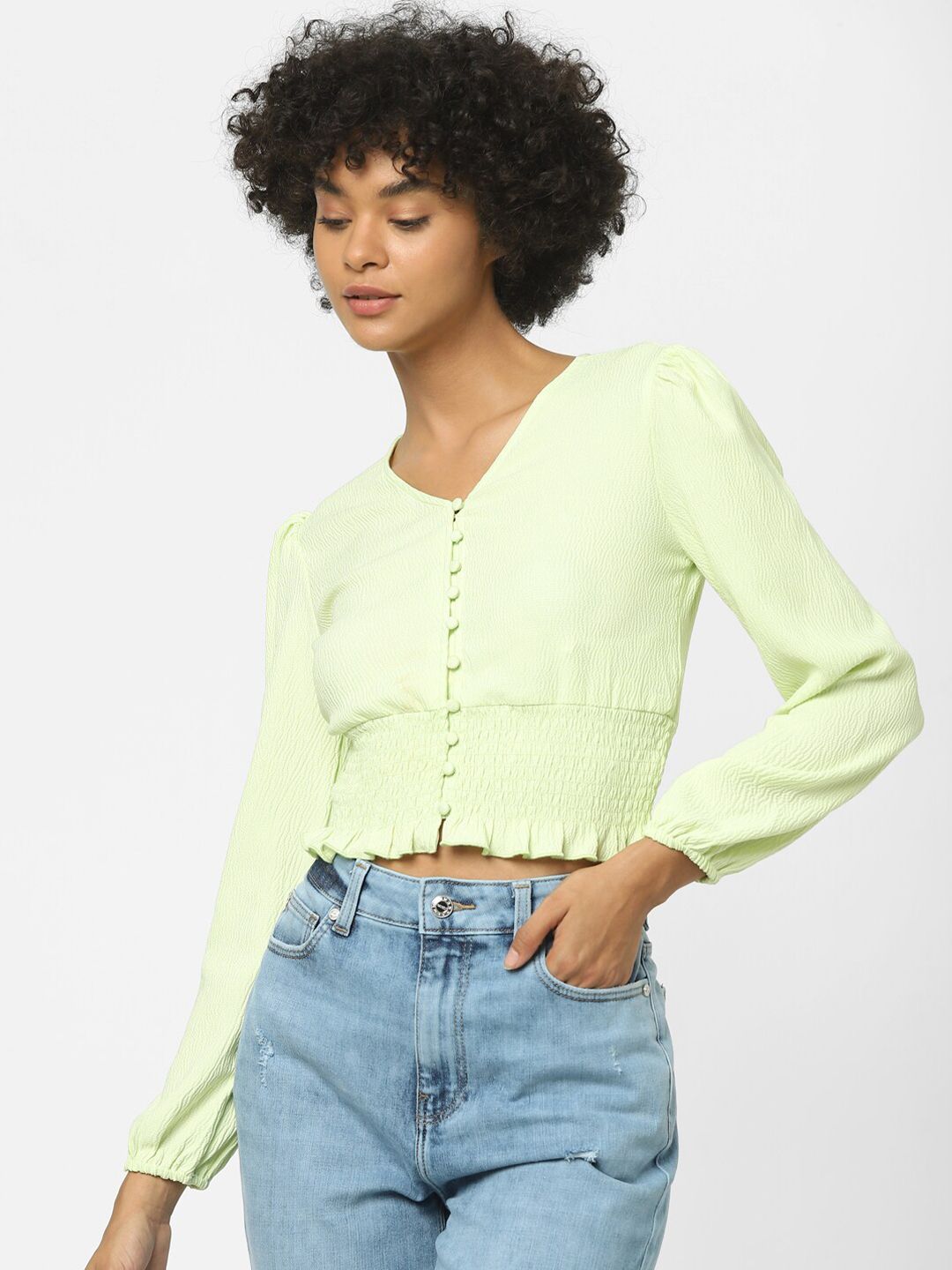ONLY Green V Neck Smocked Crop Top Price in India