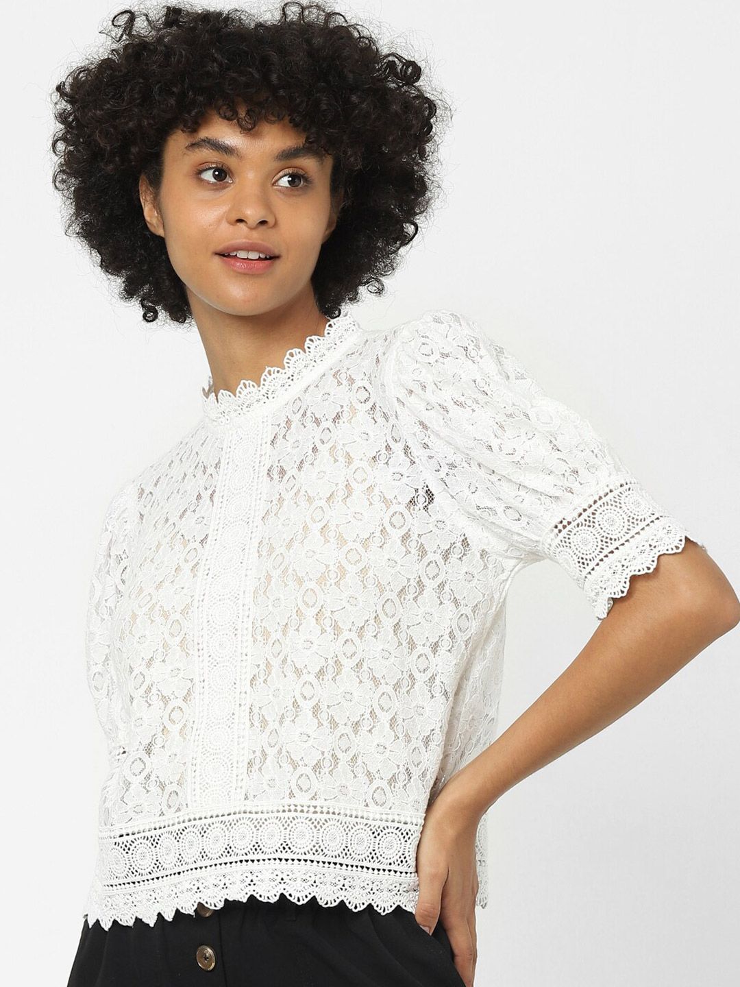 ONLY White Women Mandarin Collar Styled Back Top Price in India