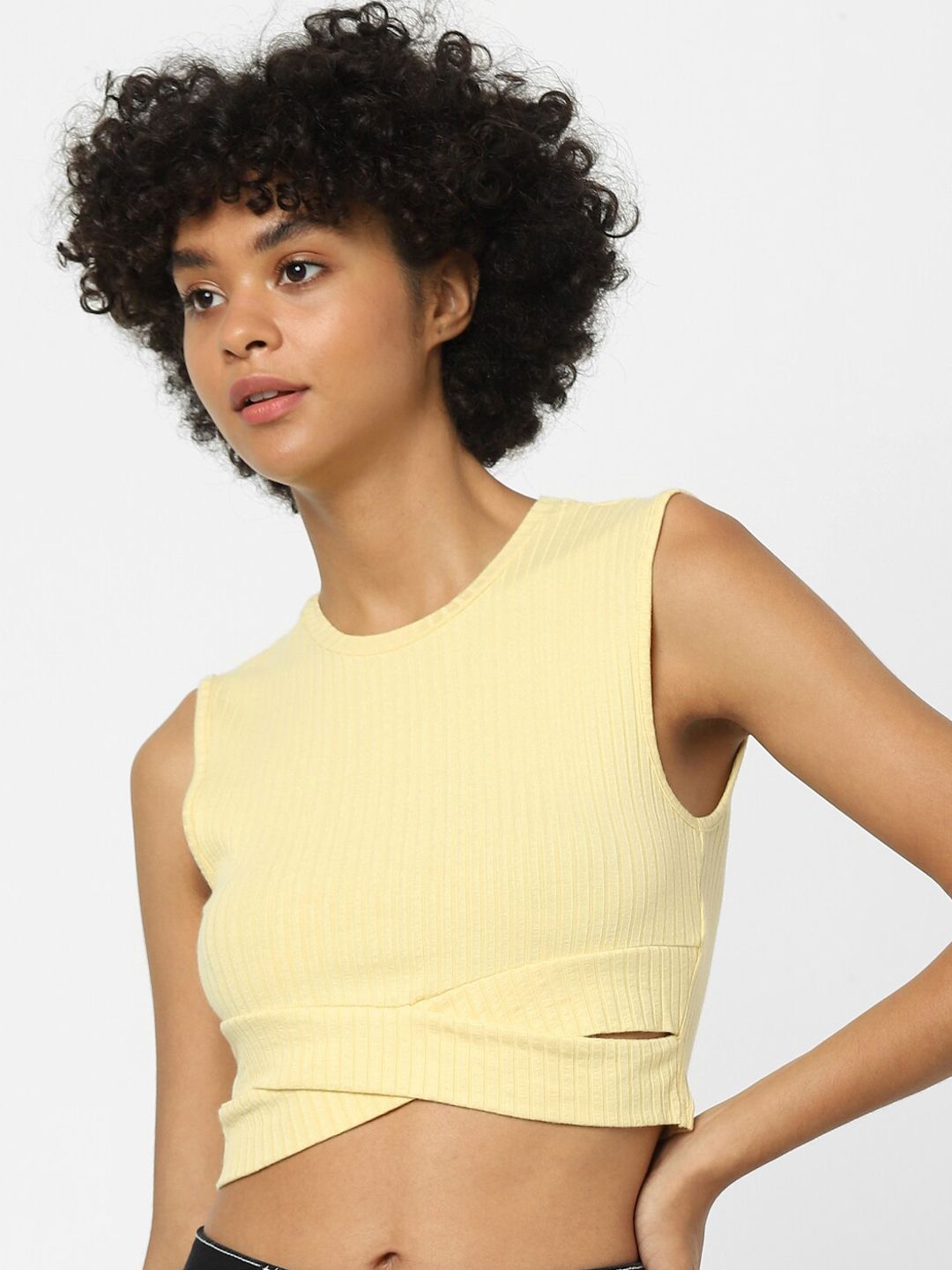 ONLY Yellow High Neck Cinched Waist Crop Top Price in India