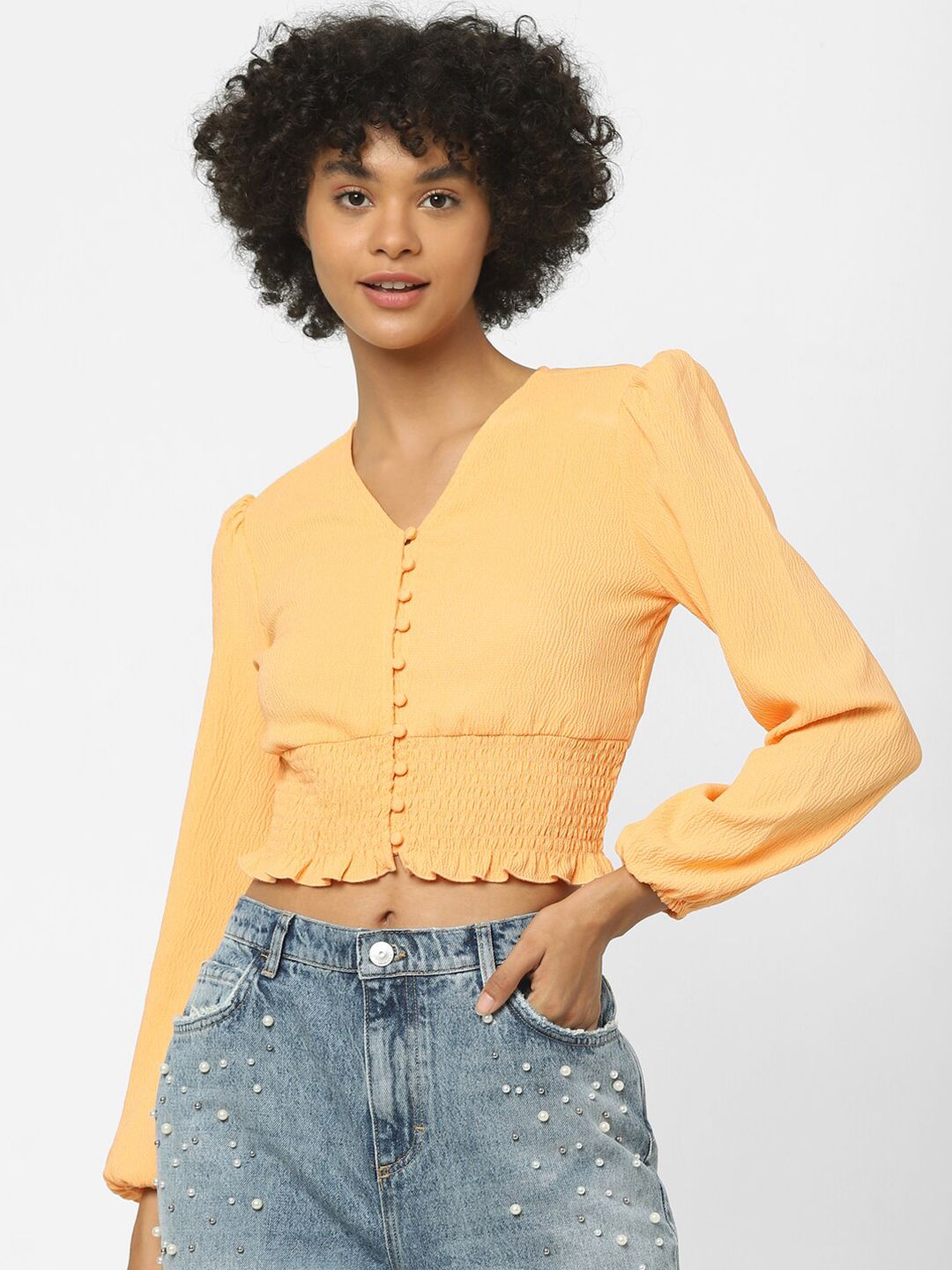 ONLY Yellow V-Neck Smocked Cinched Waist Top Price in India