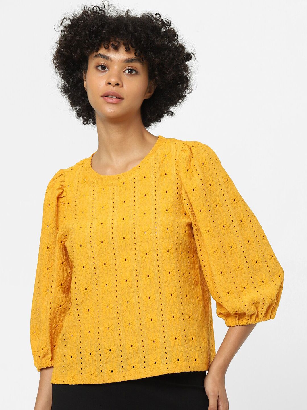 ONLY Women Yellow Embroidery three quarter sleeves cuffed  Top Price in India