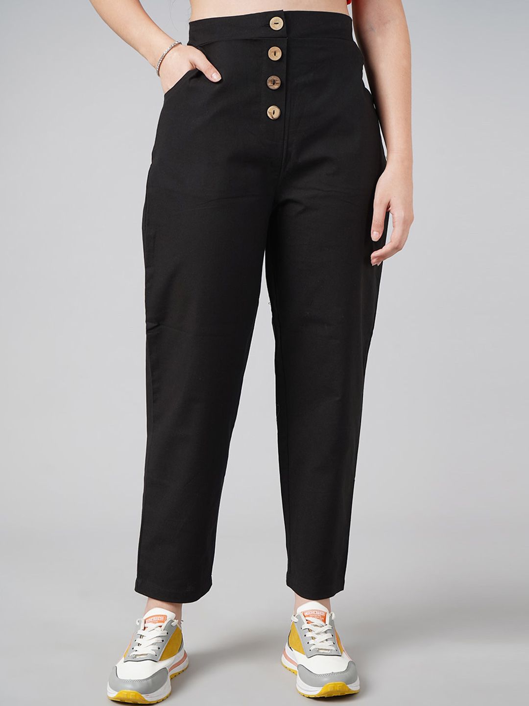 DressBerry Women Black High-Rise Button Trousers Price in India
