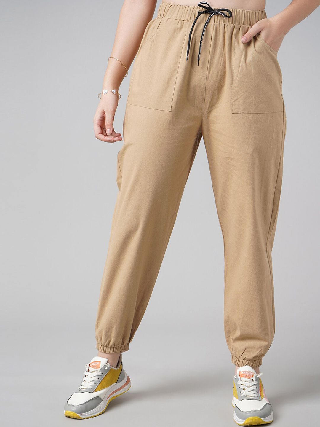 DressBerry Women Khaki High-Rise Joggers Trousers Price in India