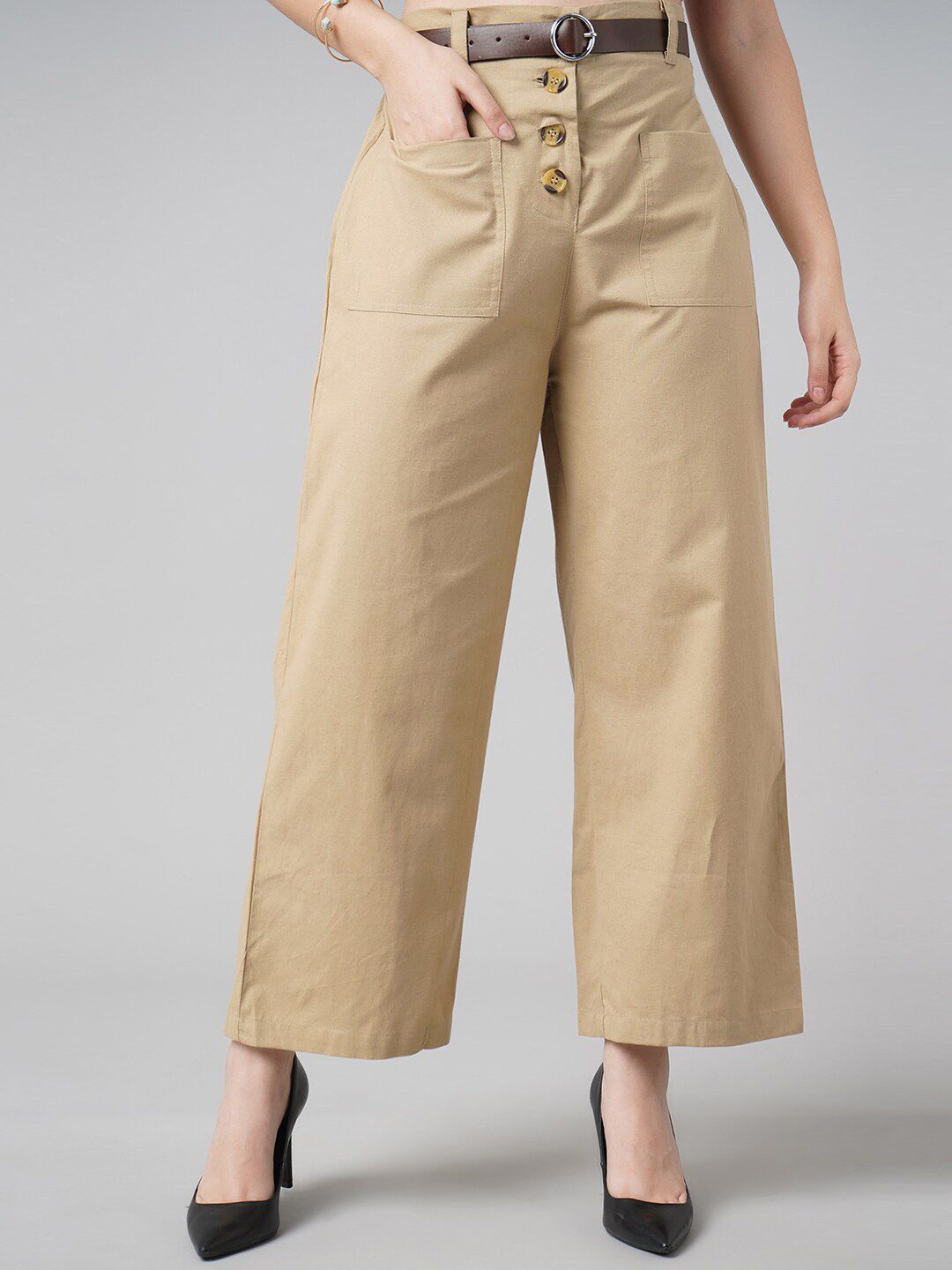 DressBerry Women Beige Solid Cotton High-Rise Parallel Trousers Price in India