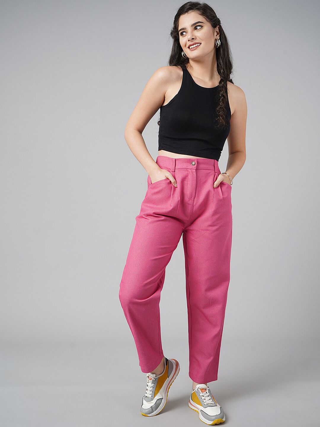 DressBerry Women Fuchsia Solid High-Rise Cotton Trousers Price in India