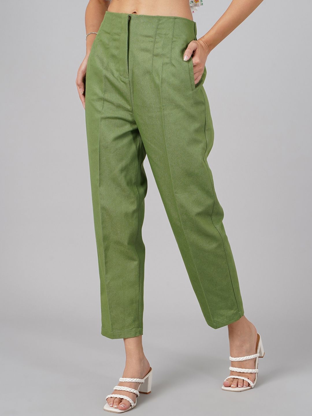 DressBerry Women Green High-Rise Pure Cotton Tapered-Fit Trousers Price in India