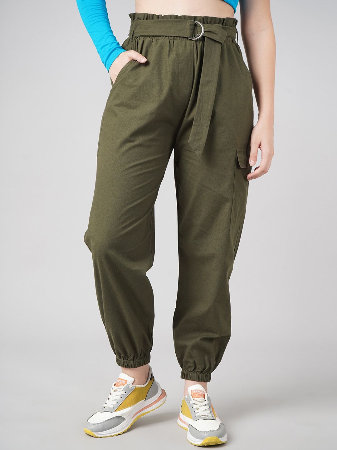 DressBerry Women Olive Green High-Rise Joggers Trousers Price in India