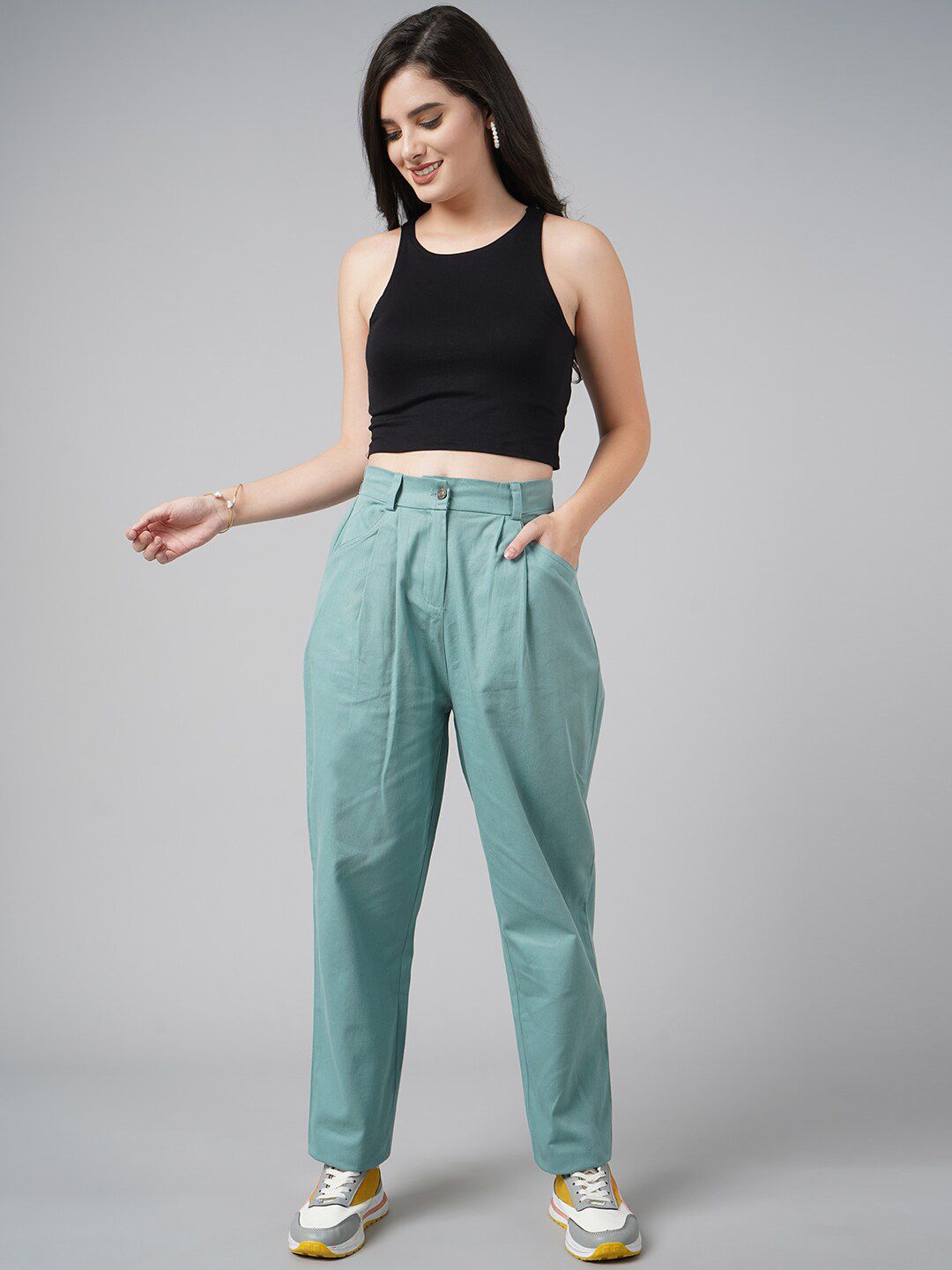 DressBerry Women Green High-Rise Pleated Trousers Price in India