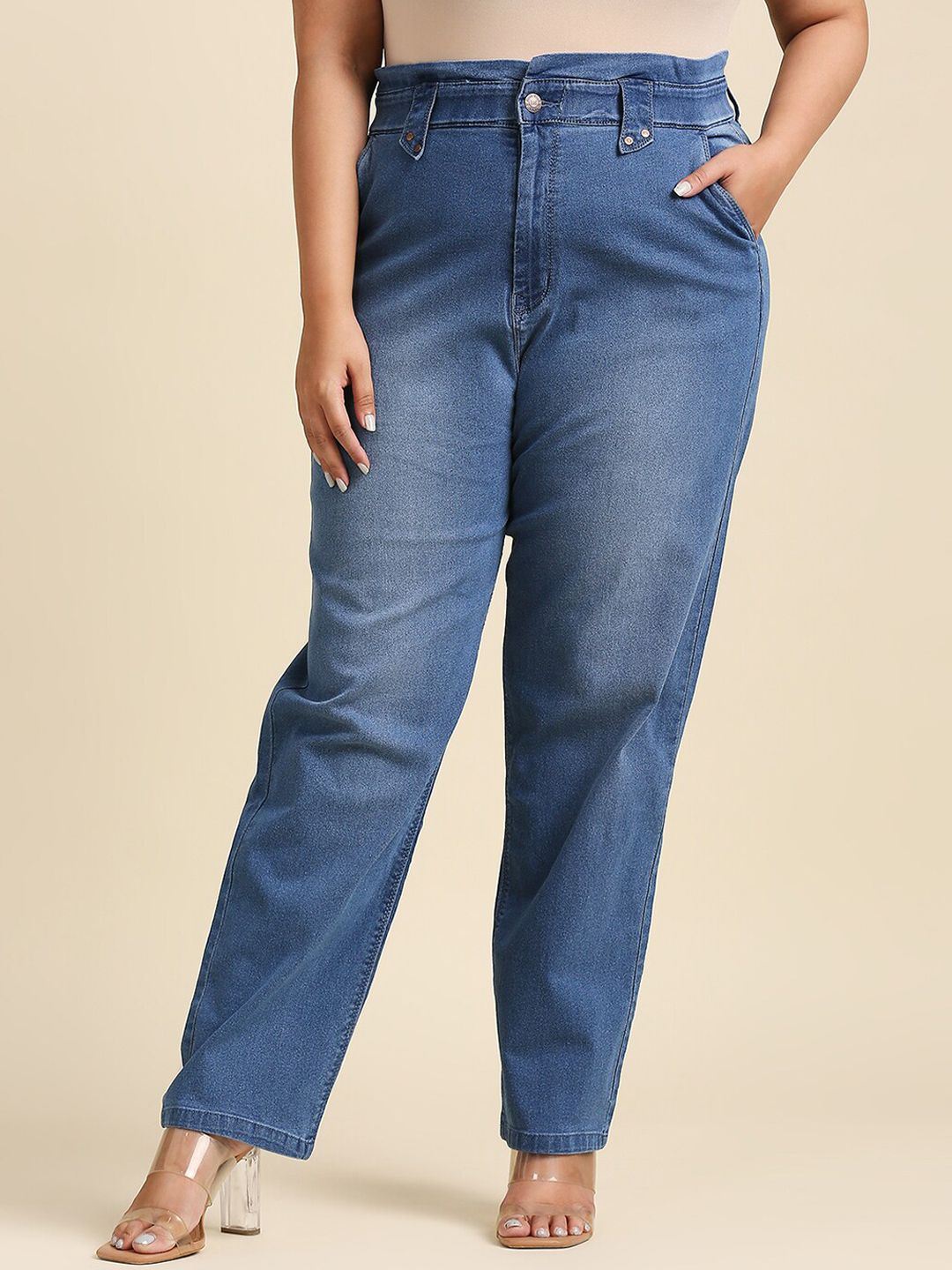 High Star Women Plus Size Blue High-Rise Low Distress Light Fade Stretchable Jeans Price in India