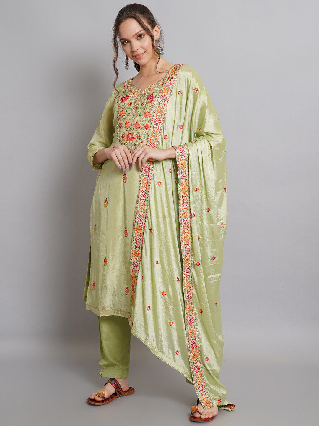 Stylee LIFESTYLE Women Green & Pink Embroidered Pure Silk Unstitched Dress Material Price in India