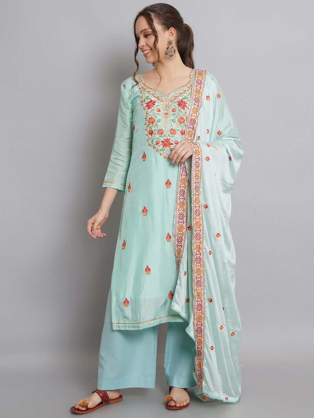 Stylee LIFESTYLE Teal & Red Floral Yoke Design Pure Silk Unstitched Dress Material Price in India