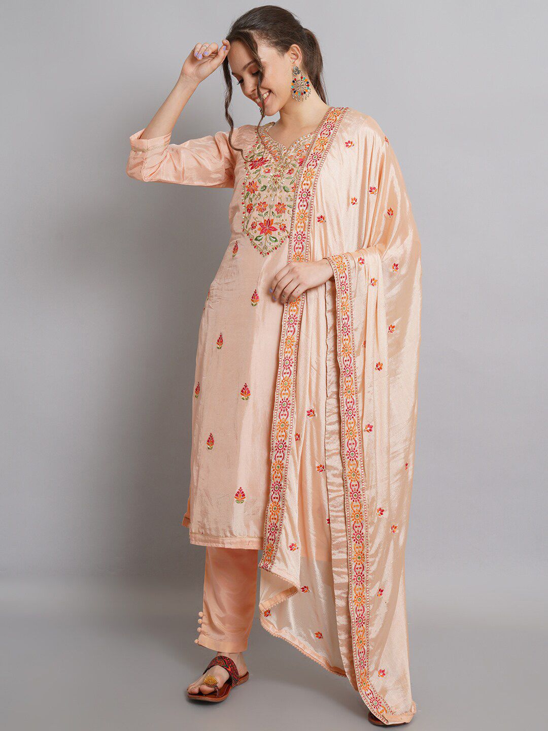 Stylee LIFESTYLE Peach-Coloured & Orange Embroidered Pure Silk Unstitched Dress Material Price in India