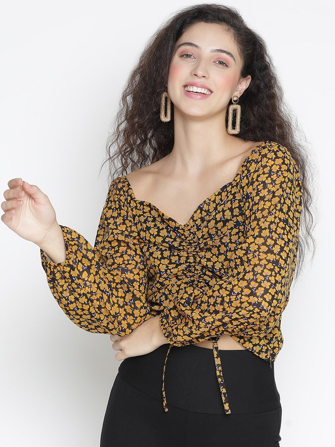 DRAAX Fashions Mustard Yellow & Black Floral Print Sweetheart Neck Crop Top Price in India