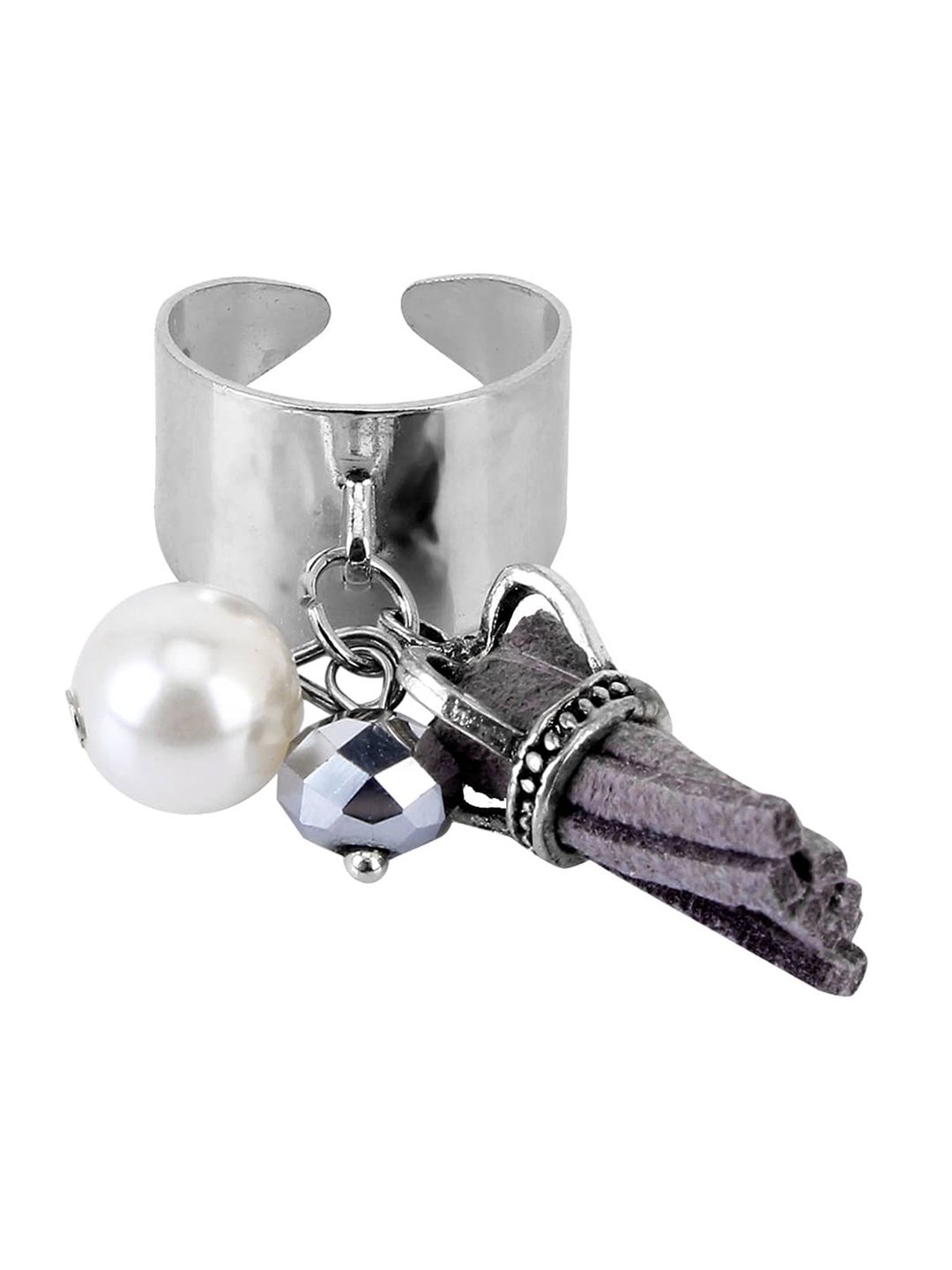 FemNmas Silver-Plated & Grey Tassel Adjustable Finger Ring Price in India