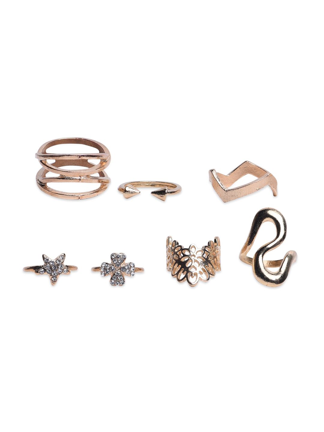 FemNmas Set of 7 Gold-Plated White Stone Studded Adjustable Finger Rings Price in India
