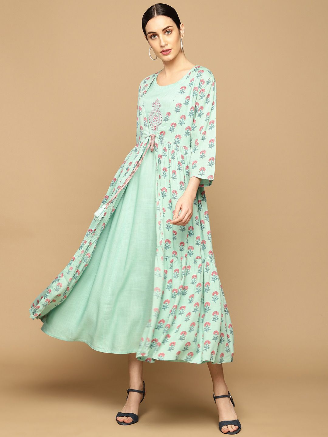 Soch Green Floral Layered Ethnic A-Line Maxi Dress Price in India