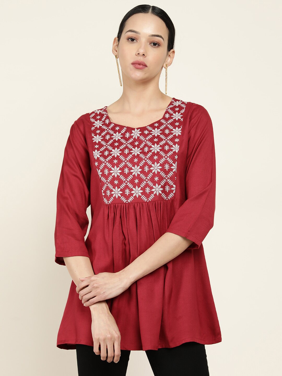 Soch Maroon & White Viscose Rayon Embroidered Tunic Price in India