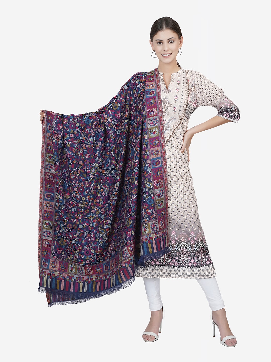 La Vastraa Women Blue Floral Woven Design Fusion Shawl Price in India