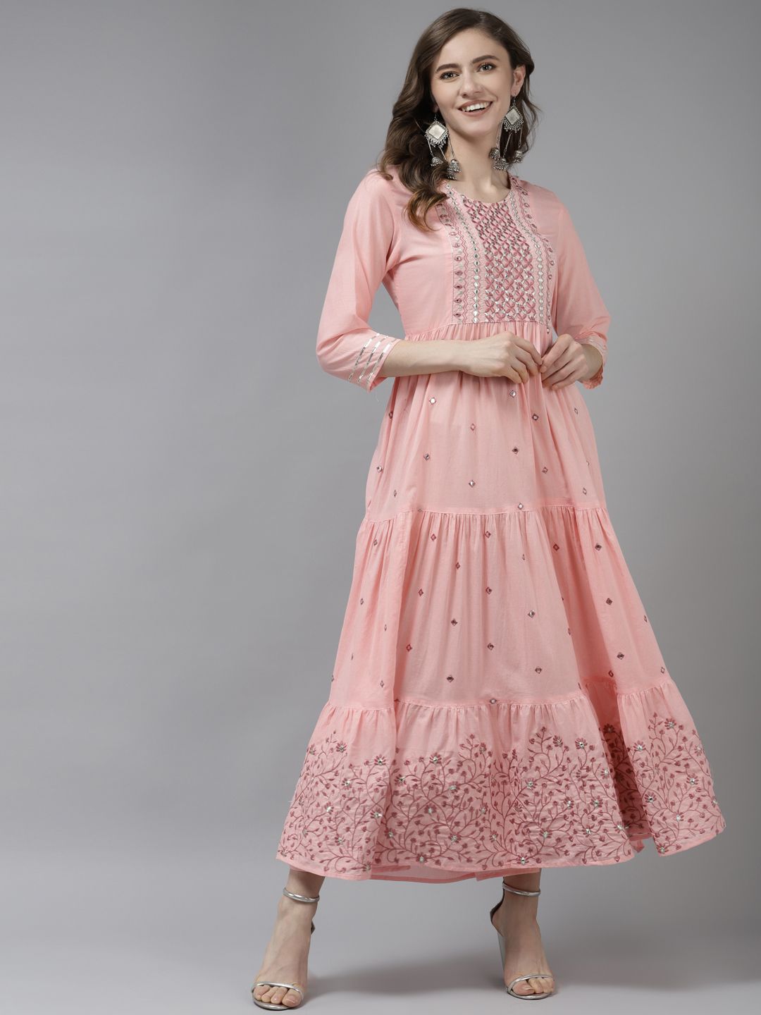 Yufta Pink Embellished Embroidered Ethnic Maxi Dress Price in India