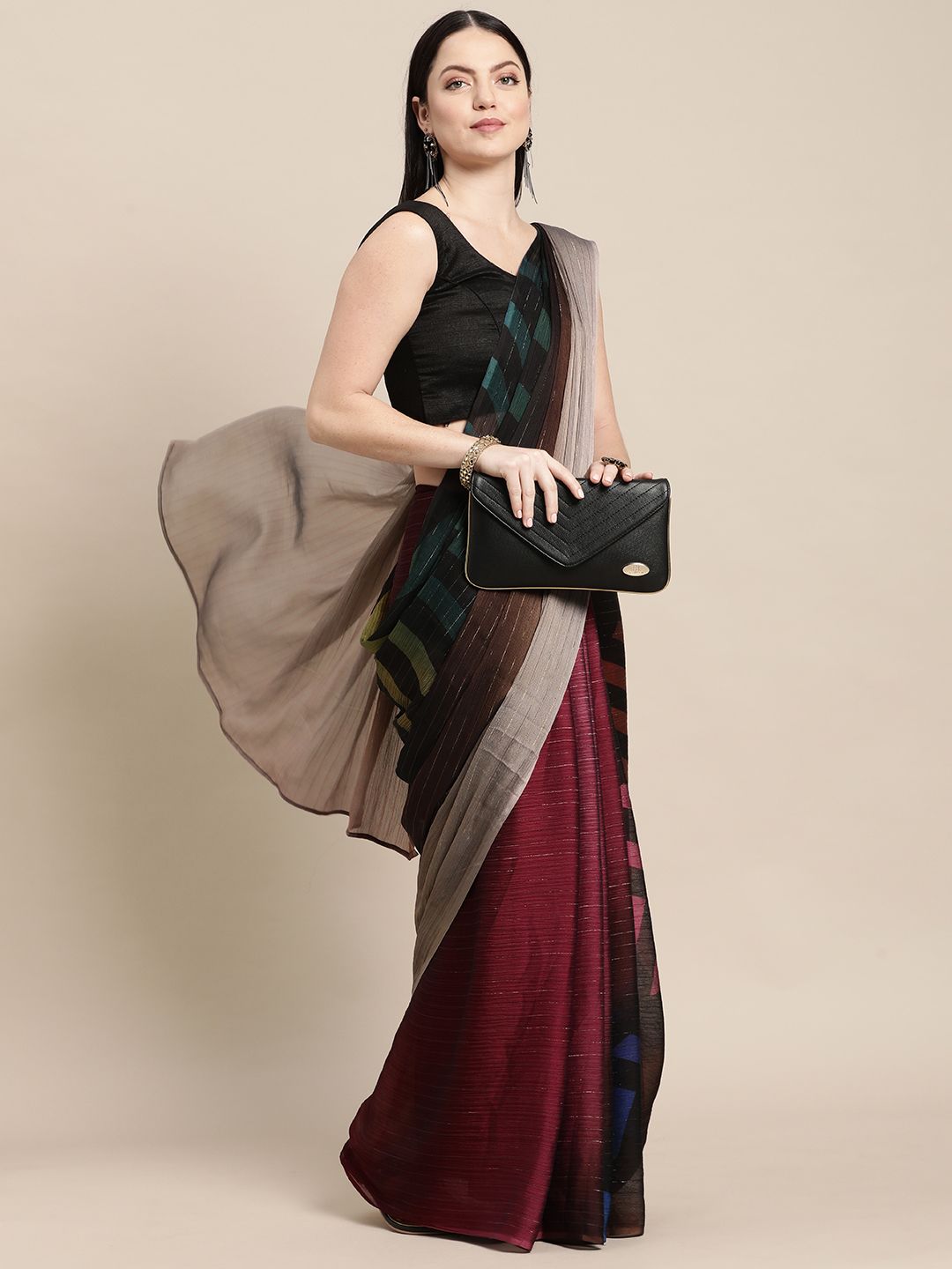 Shaily Maroon & Black Striped Zari Pure Chiffon Half and Half Saree