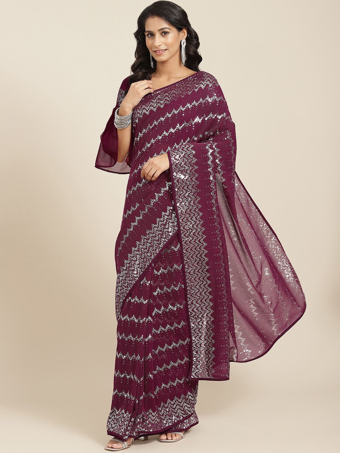 Readiprint Fashions Purple Sequinned Pure Georgette Saree Price in India