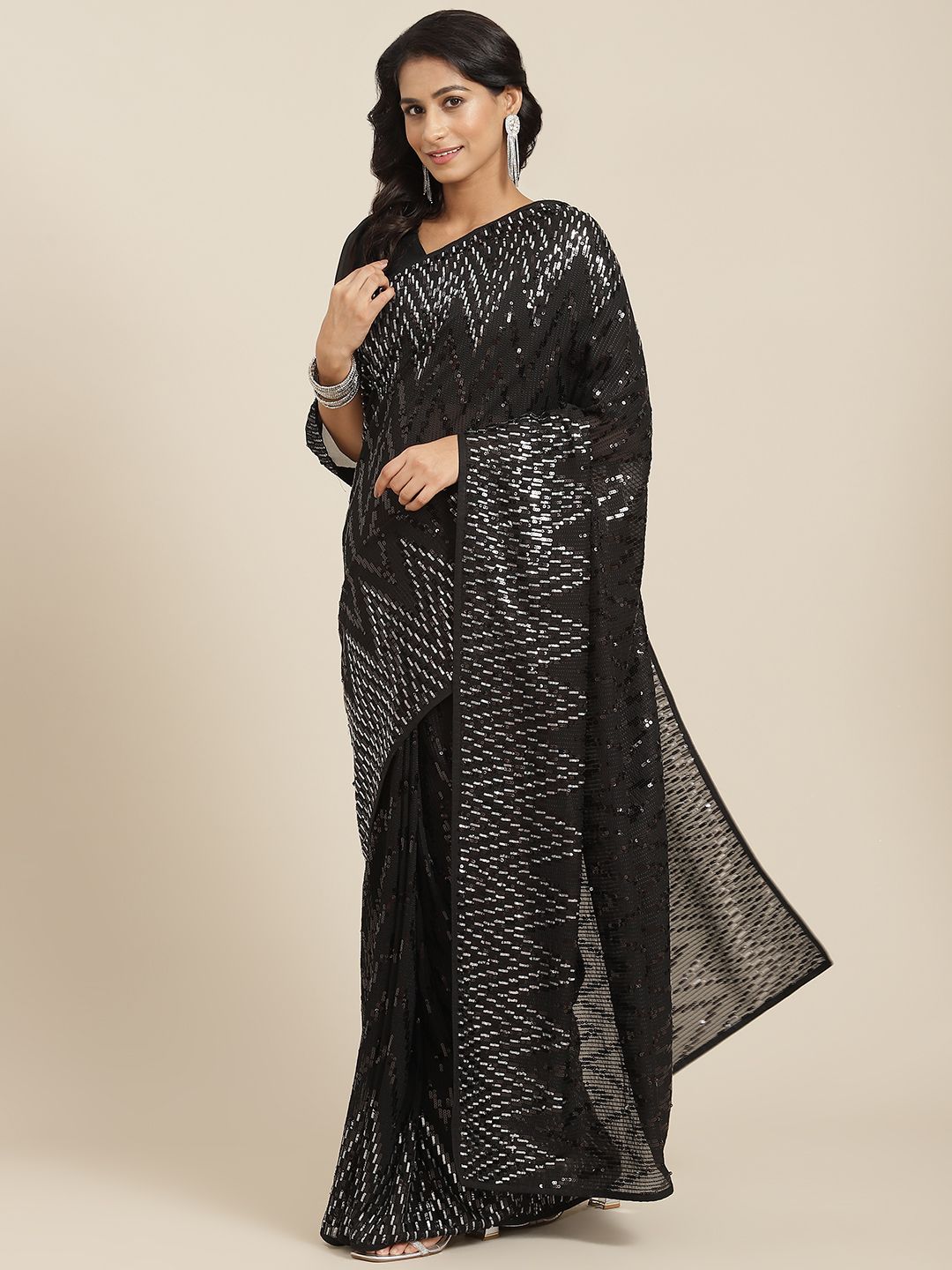 Readiprint Fashions Black Sequinned Pure Georgette Saree Price in India