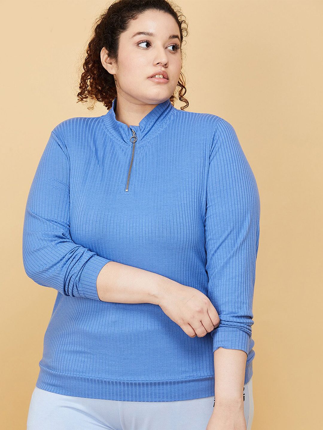 max Plus Women Blue Mandarin Collar Top