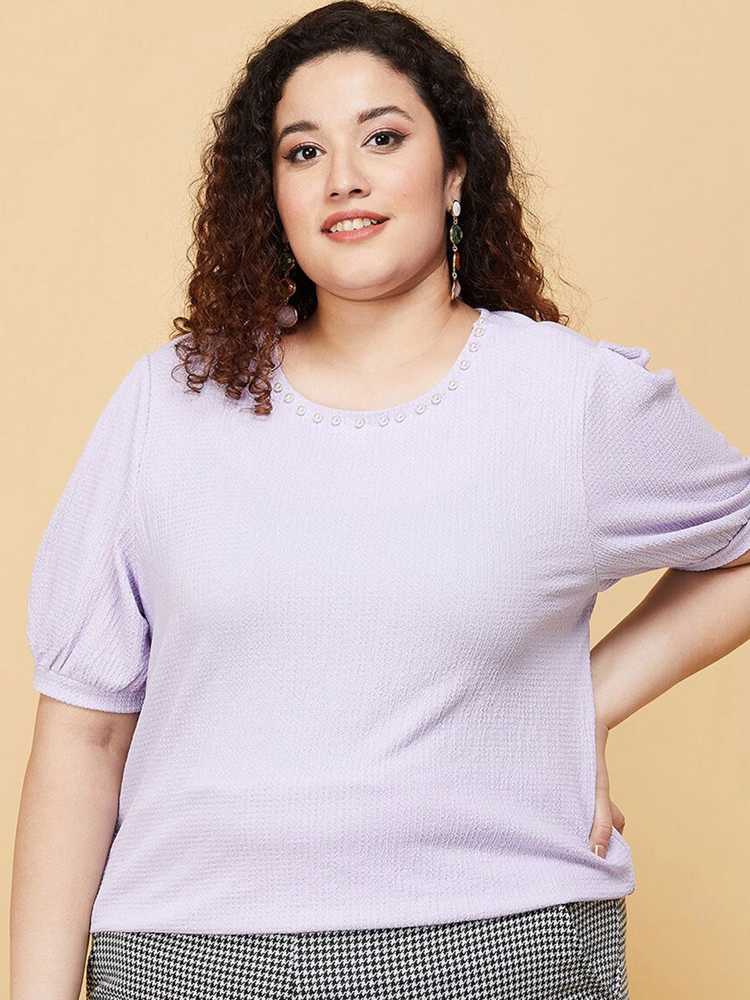 max Women Lavender Solid Puff Sleeves Top