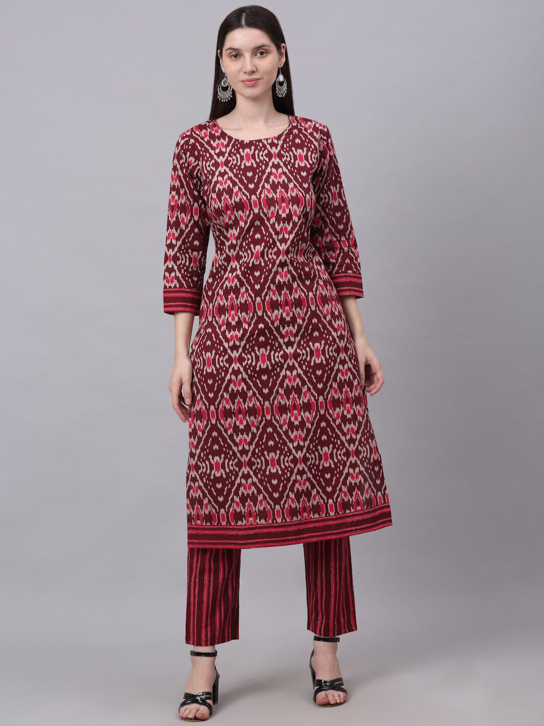 KALINI Women Maroon Ethnic Motifs Printed Pure Cotton Kurta with Trousers & With Dupatta Price in India