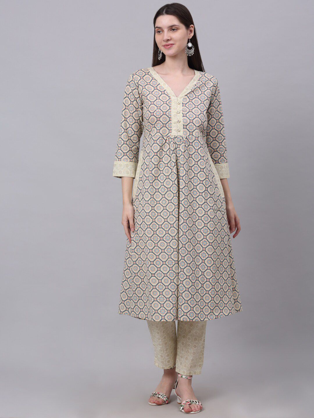 KALINI Women Beige Ethnic Motifs Printed High Slit Pure Cotton Kurti with Trousers Price in India